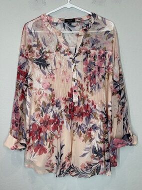 Cocomo Top Women's 3X Pink Floral Mesh Pleated Roll Tab V Neck Lined Spring